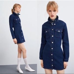 Zara Blue Long Sleeve Denim Short Casual Dress